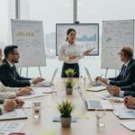 Equipe de executivos em reunião de gestão empresarial com gráficos e estratégias de planejamento
