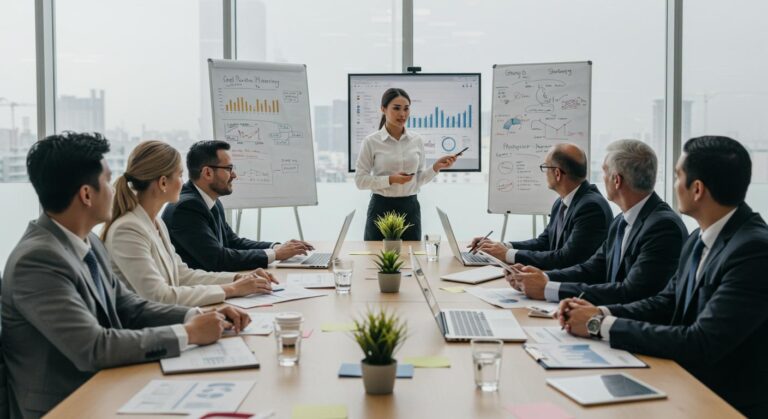 Equipe de executivos em reunião de gestão empresarial com gráficos e estratégias de planejamento