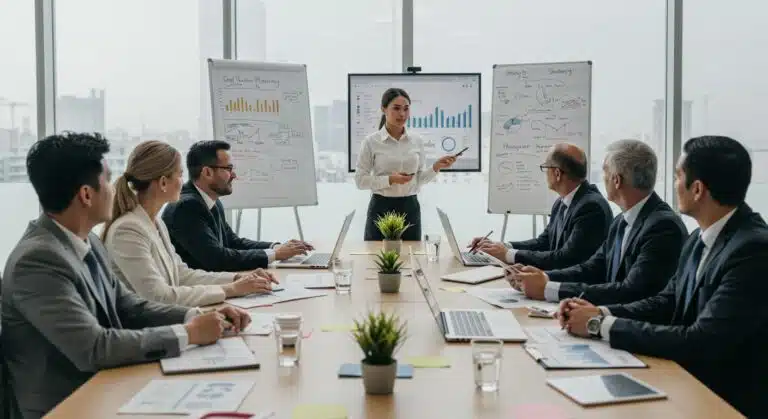 Equipe de executivos em reunião de gestão empresarial com gráficos e estratégias de planejamento