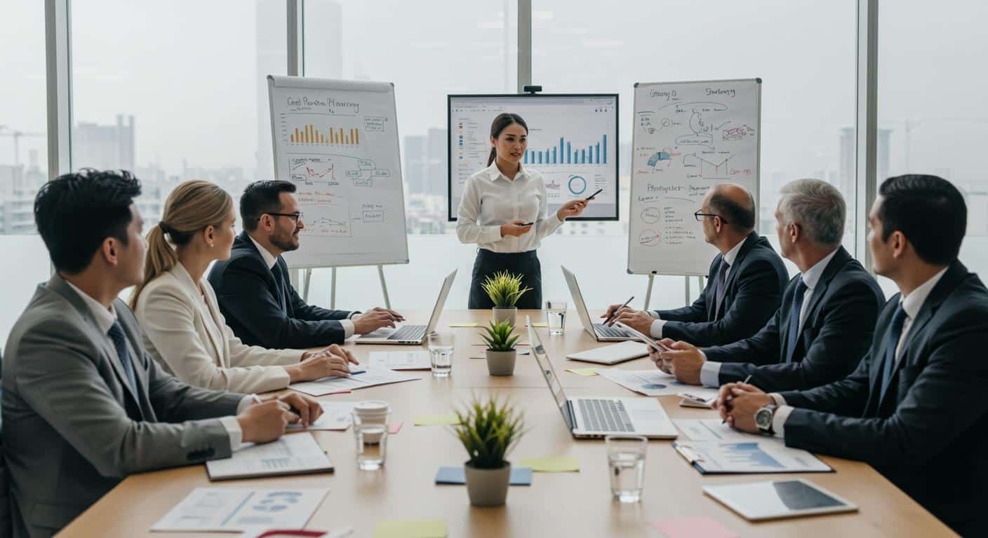 Equipe de executivos em reunião de gestão empresarial com gráficos e estratégias de planejamento