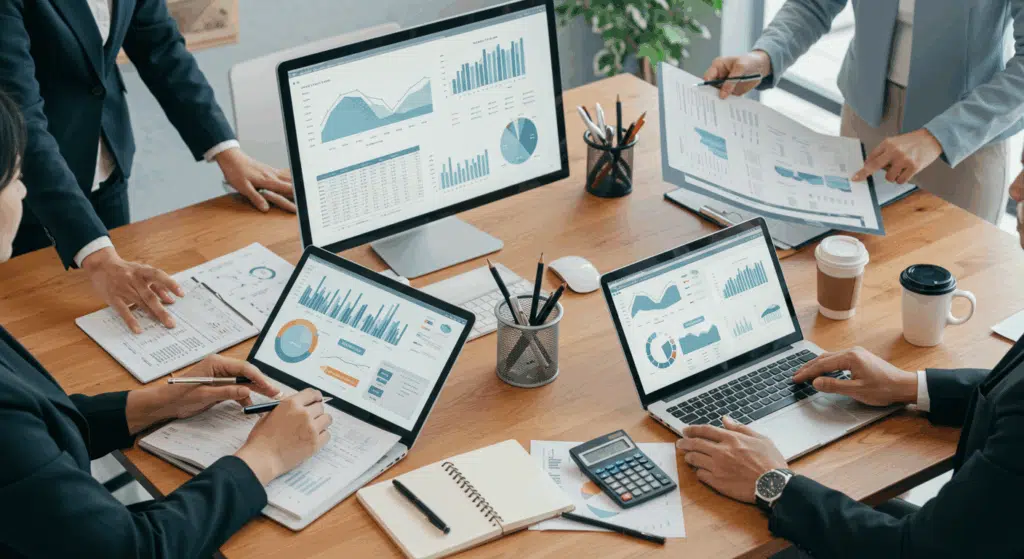 Equipe analisando orçamento empresarial com gráficos e relatórios financeiros