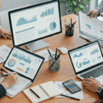 Equipe analisando orçamento empresarial com gráficos e relatórios financeiros