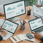 Equipe analisando orçamento empresarial com gráficos e relatórios financeiros